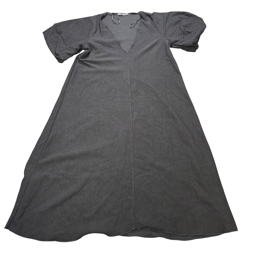 Zara V-Neck Midi Dress Women's Size Small Black Textured V-Neck Puff Sleeve